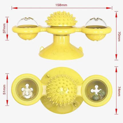 Versatile Cat Toy for Daily Home Play and Scratching - yellow windmill suction-base interactive scratching toy, dimensions shown