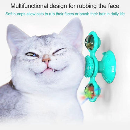Versatile Cat Toy for Daily Home Play and Scratching suction-mounted windmill toy with face-rubbing bumps and bells for indoor cat entertainment