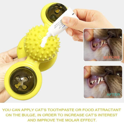 Versatile Cat Toy for Daily Home Play and Scratching - yellow suction windmill toy with spiky ball for batting and scratching, shown with toothpaste application