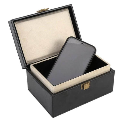 PU Leather Anti-Theft Shield Box for Phone and Keys, Black showing smartphone inside open black PU leather RFID-lined storage box for keys and phone