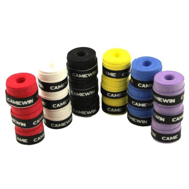 PU Overgrip for Rackets, Sweat-Absorbent Grip Tape for Tennis and More - colorful PU overgrip rolls showing red white black yellow blue purple stacks