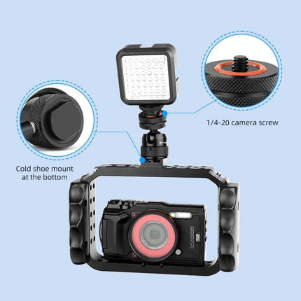 PULUZ Aluminum Mini Ball Head Tripod Adapter for Photography mounted on DSLR cage with LED light and cold shoe mount