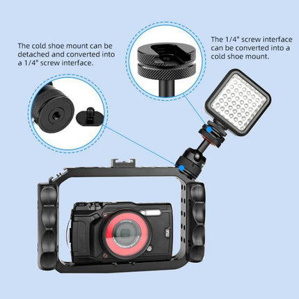 PULUZ Aluminum Mini Ball Head Tripod Adapter for Photography mounted on camera rig with detachable cold shoe and 1/4" screw