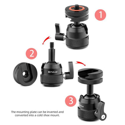 PULUZ Aluminum Mini Ball Head Tripod Adapter for Photography – compact aerospace-grade aluminum ball head with inverted mounting plate and cold shoe conversion