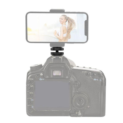 PULUZ Hot Shoe Screw Adapter for Secure Camera Mounting mounted on DSLR to hold smartphone and 1/4-inch screw connection