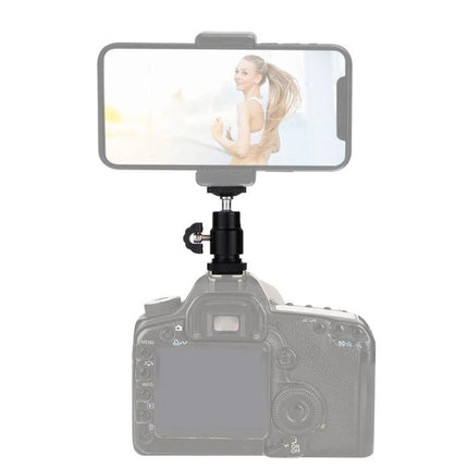 PULUZ Adjustable Tripod Ball Head for Camera Positioning mounted between DSLR and smartphone holder for smooth rotation and tilt