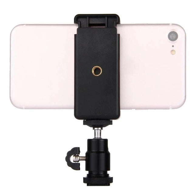 PULUZ Tripod Head for Daily Travel and Home Photography — smartphone clamp with mini ball head mounted on phone
