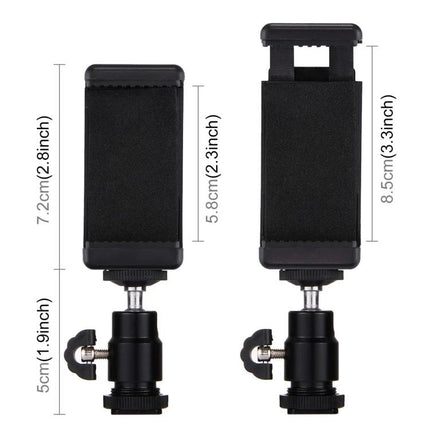 PULUZ Tripod Head for Daily Travel and Home Photography - compact mini ball head with adjustable smartphone clamp and measured dimensions