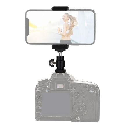 PULUZ Tripod Head for Daily Travel and Home Photography with mini ball head and smartphone clamp mounted on camera