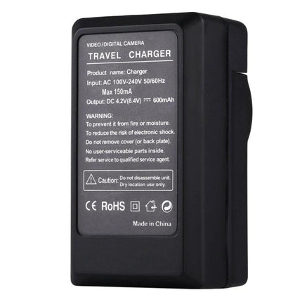 PULUZ EU Plug Battery Charger for Casio CNP130 Devices black travel charger showing specifications label, EU plug compatible, worldwide voltage support