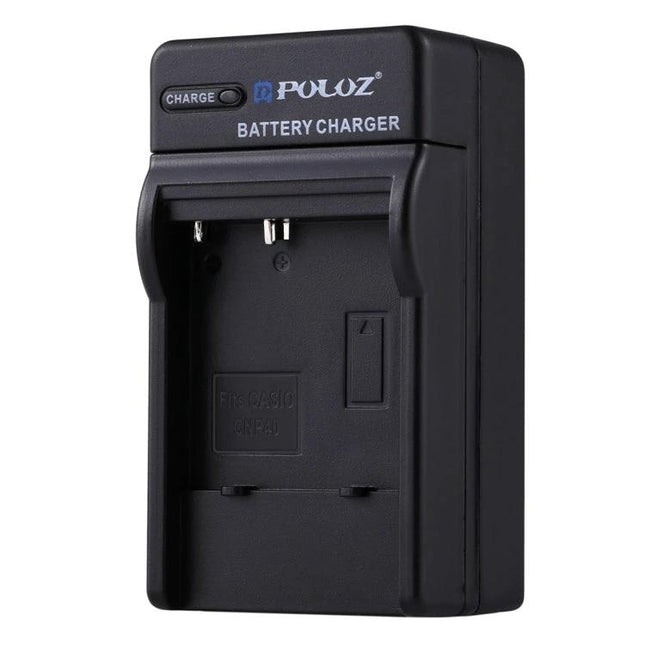 PULUZ EU Plug Battery Charger for CASIO CNP40 Battery - compact black travel charger with LED charge indicator