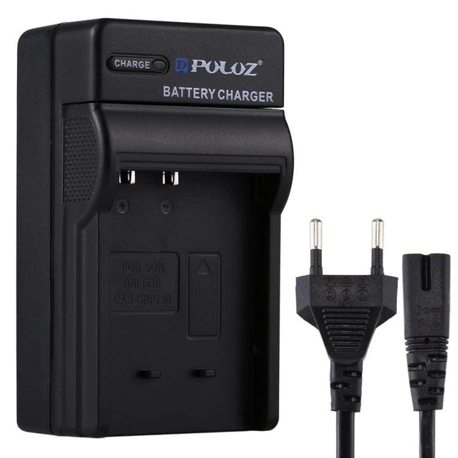 PULUZ Battery Charger with EU Plug for Casio CNP120 Battery — compact black charger and two-prong EU power cord for travel and quick recharging