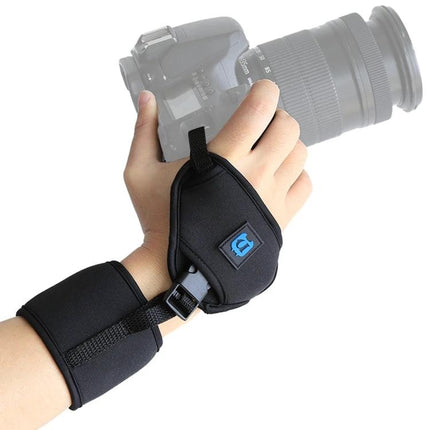 PULUZ Neoprene Hand Grip Wrist Strap for DSLR Cameras shown on hand holding a DSLR for secure grip and wrist support