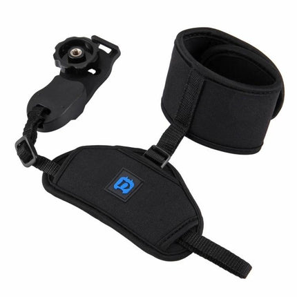 PULUZ Neoprene Hand Grip Wrist Strap for DSLR Cameras showing black neoprene wrist cuff, hand grip pad and camera mount connector