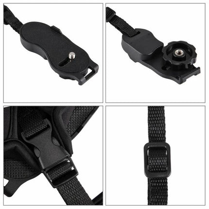 PULUZ Neoprene Hand Grip Wrist Strap for DSLR Cameras showing black mounting plate, screw, buckle and adjustable strap close-ups