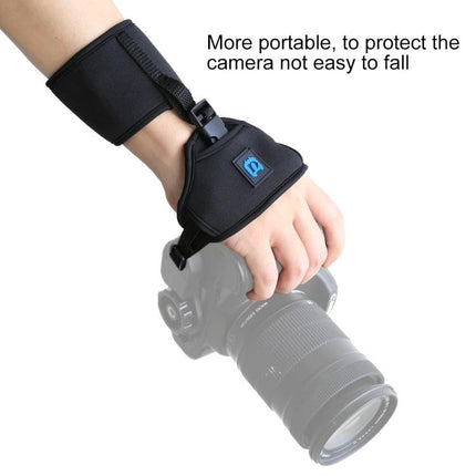PULUZ Neoprene Hand Grip Wrist Strap for DSLR Cameras on photographer wrist securing camera during outdoor shooting