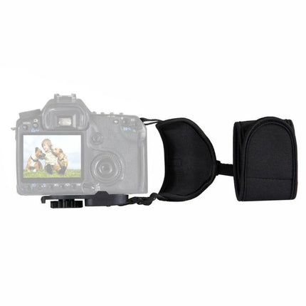 PULUZ Neoprene Hand Grip Wrist Strap for DSLR Cameras attached to camera showing black neoprene wrist support and hand grip