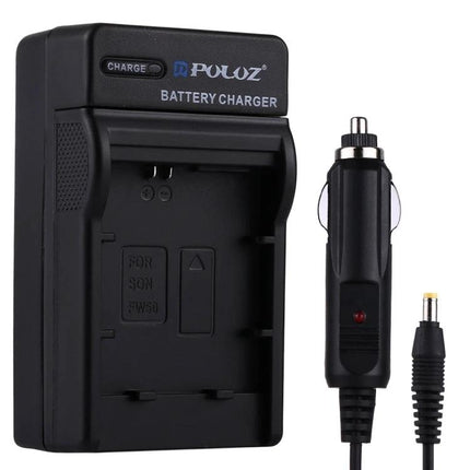 PULUZ Portable Car Charger for Sony NP-FW50 Camera Batteries - black car DC charger and NP-FW50 battery slot, travel power solution