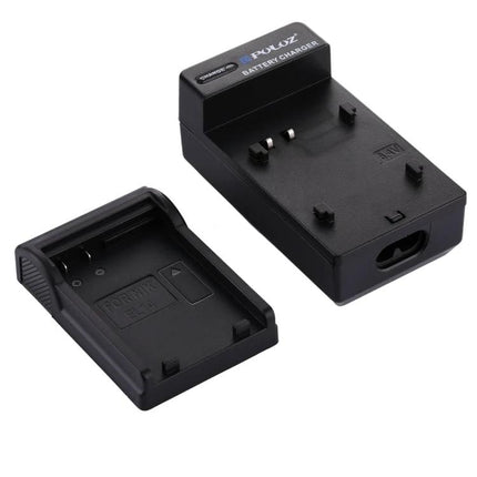 PULUZ Car Charger for Nikon EN-EL14 Camera Batteries shown with two-piece black car cigarette lighter battery charging dock