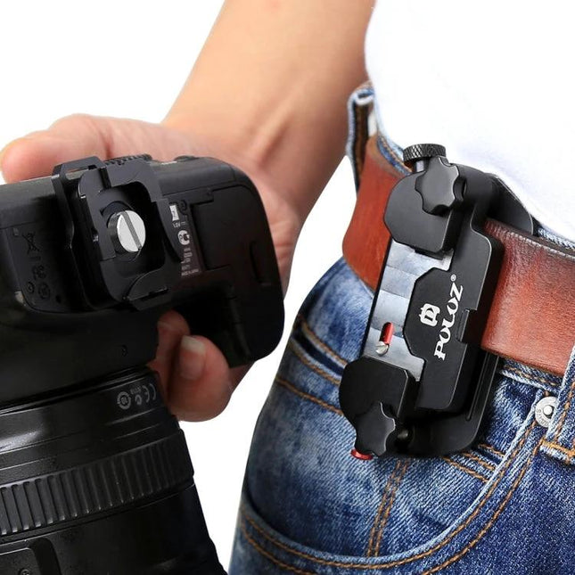 PULUZ Aluminum Camera Clip for Quick Access During Activities securely attached to belt for hiking biking skiing and climbing