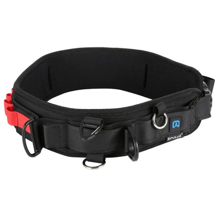 PULUZ Versatile Waistband Strap For Carrying DSLR Cameras shown in black with multiple D-rings and pockets for hands-free outdoor photography