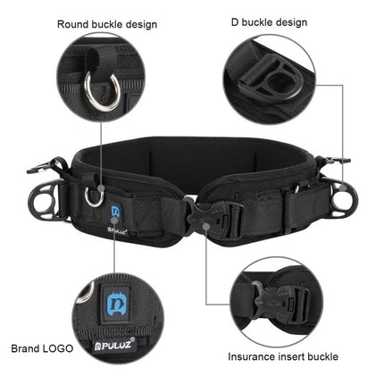 PULUZ Versatile Waistband Strap For Carrying DSLR Cameras shown with round D buckles, insurance insert buckle and logo on padded black belt