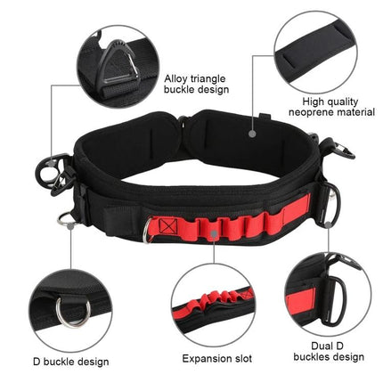 PULUZ Versatile Waistband Strap For Carrying DSLR Cameras showing neoprene padded belt, alloy triangle buckle, D buckles, expansion slots and red accents