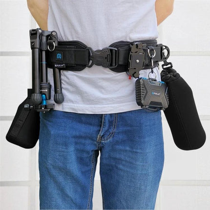 PULUZ Versatile Waistband Strap For Carrying DSLR Cameras worn around waist with tripod and accessories for hands-free outdoor shooting