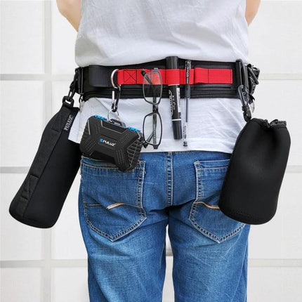 PULUZ Versatile Waistband Strap For Carrying DSLR Cameras shown worn with lenses, glasses, water bottle pouches and gear for hands-free outdoor shooting