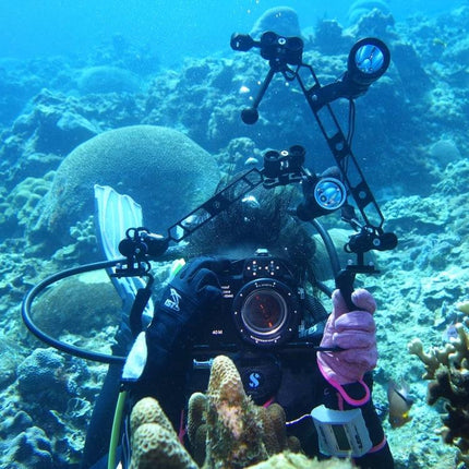 PULUZ Aluminum Ball Clamp for Underwater Photography Systems attached to underwater camera rig with butterfly clip