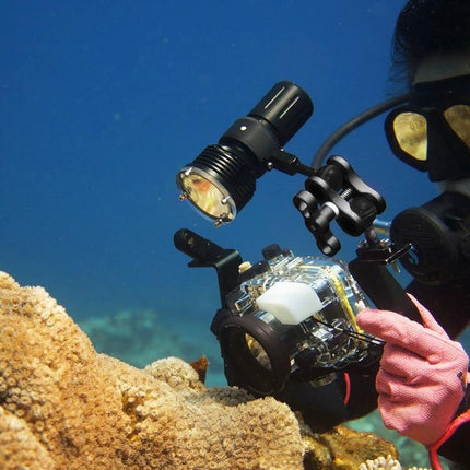 PULUZ Aluminum Ball Clamp for Underwater Photography Systems attached to dive housing arm with strobe and butterfly clip