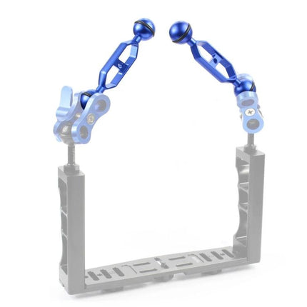 PULUZ 5.0 Inch Aluminum Alloy Diving Extension Arm blue dual-arm attached to underwater camera tray, corrosion-resistant aviation aluminum