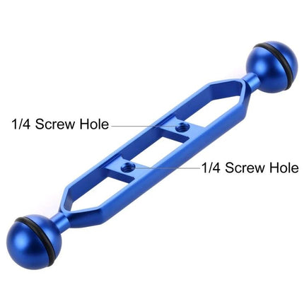 PULUZ 7 Inch Aluminum Alloy Dual Balls Extension Arm for Diving - blue anodized dual ball arm with 1/4 screw holes for lights and cameras