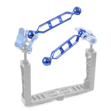 PULUZ 7 Inch Aluminum Alloy Dual Balls Extension Arm for Diving mounted on underwater tray with ball clamps