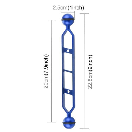PULUZ 9.0 Inch Aluminum Alloy Dual Balls Arm for Diving blue aluminum dual ball arm with dimensions 22.8cm length, 2.5cm ball diameter, lightweight dive rig accessory