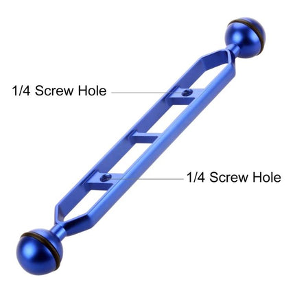 Alt Tag: PULUZ 9.0 Inch Aluminum Alloy Dual Balls Arm for Diving blue dual-ball arm with 1/4 screw holes for diving lights cameras