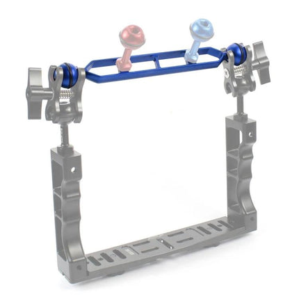 PULUZ 9.0 Inch Aluminum Alloy Dual Balls Arm for Diving mounted on underwater camera tray with red and blue ball connectors