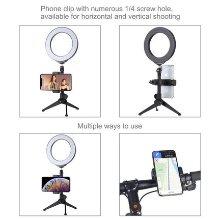 PULUZ Handlebar Phone Mount for Bicycle Use and Photography showing phone clip, ring light, tripod and bike handlebar mounting options