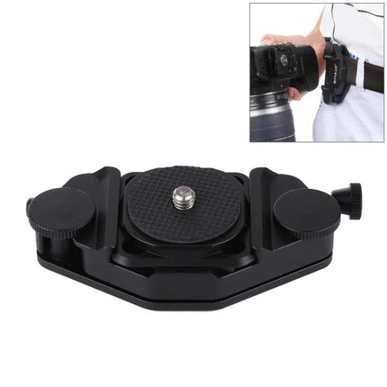 PULUZ Aluminum Camera Clip for Quick Release During Activities shown mounted on belt with camera attached