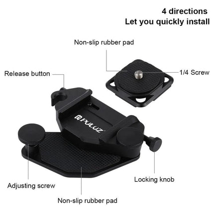 PULUZ Aluminum Camera Clip for Quick Release During Activities - black aluminum quick-release camera clip with non-slip rubber pads and locking knob