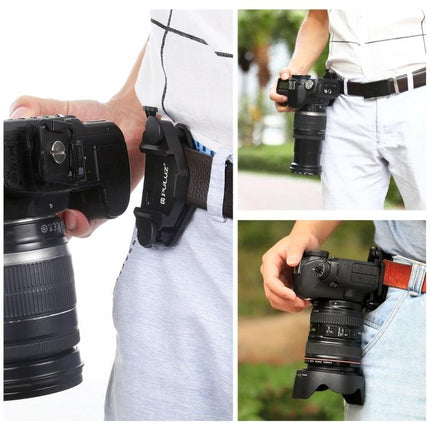 PULUZ Aluminum Camera Clip for Quick Release During Activities securing DSLR to belt for hiking biking and fast access
