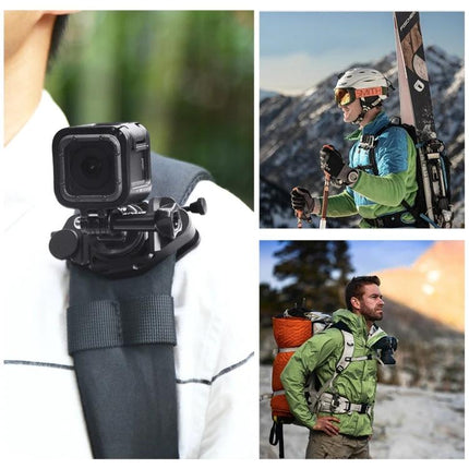 PULUZ Aluminum Camera Clip for Quick Release During Activities mounted on backpack strap for hiking and skiing, showing secure quick-detach camera access