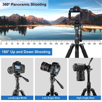 PULUZ Reverse-Folding Video Tripod for Professional Stability showing camera on tripod with 360° panoramic and 180° up and down shooting modes