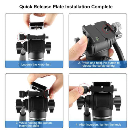 PULUZ Reverse-Folding Video Tripod for Professional Stability quick-release plate installation steps showing loosening knob, pressing safety spring, inserting plate, tightening knob