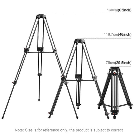 PULUZ Professional Tripod for Camcorders and Stable Video Recording — aluminum alloy tripod shown at multiple heights for outdoor and uneven surfaces
