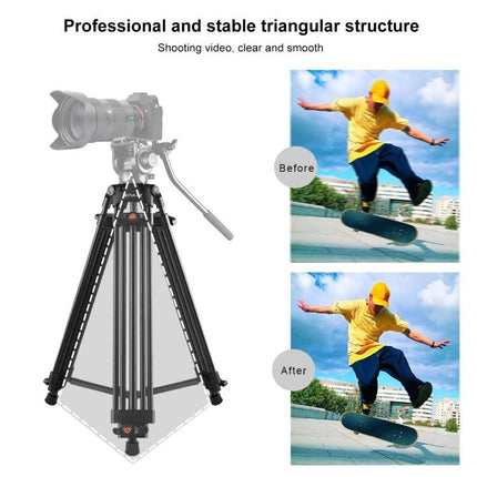 PULUZ Professional Tripod for Camcorders and Stable Video Recording showing aluminum alloy tripod with camera and before/after smoother skateboarding footage