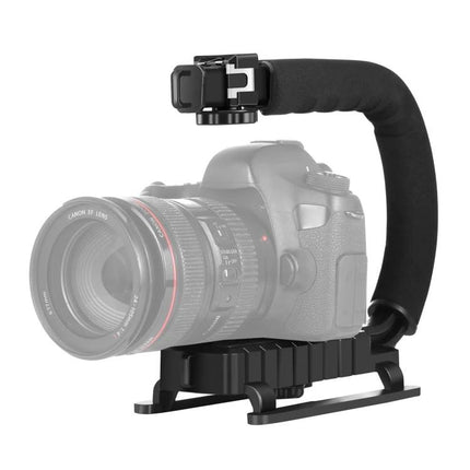 PULUZ C-Shaped Handheld Camera Stabilizer for Video Recording showing black C-handle mounted on DSLR for smooth handheld filming