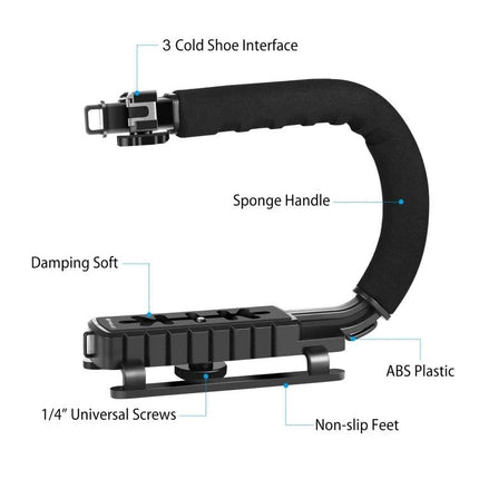 PULUZ C-Shaped Handheld Camera Stabilizer for Video Recording showing sponge handle, 3 cold shoe interface, 1/4" screws and non-slip feet