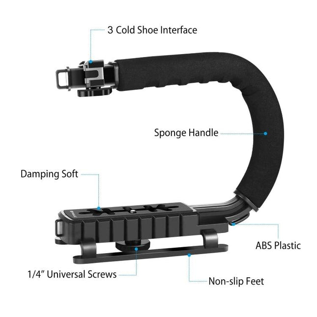 PULUZ C-Shaped Handheld Camera Stabilizer for Video Recording showing sponge handle, 3 cold shoe interface, 1/4" screws and non-slip feet
