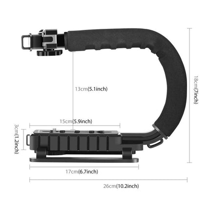 PULUZ C-Shaped Handheld Camera Stabilizer for Video Recording showing foam grip, mounting plate and dimensions for steady multi-angle filming